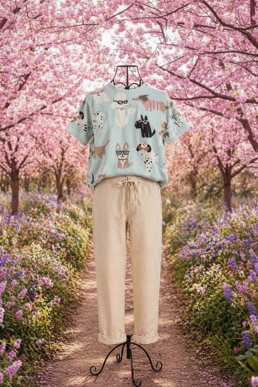 Kurzarm Pullover mit Hunde-Motiv Hellblau