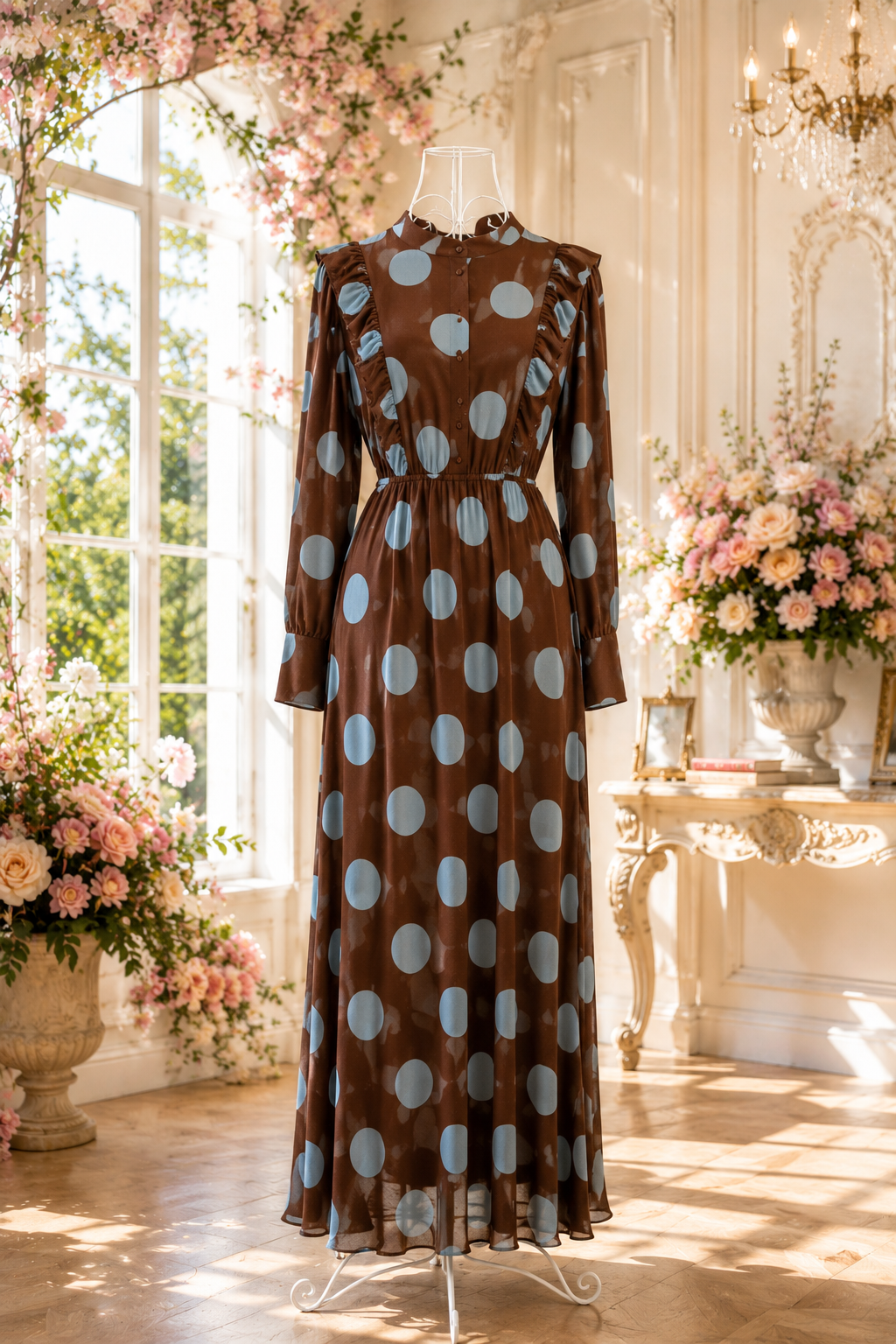 Maxikleid mit Punkten und Volantdetail
