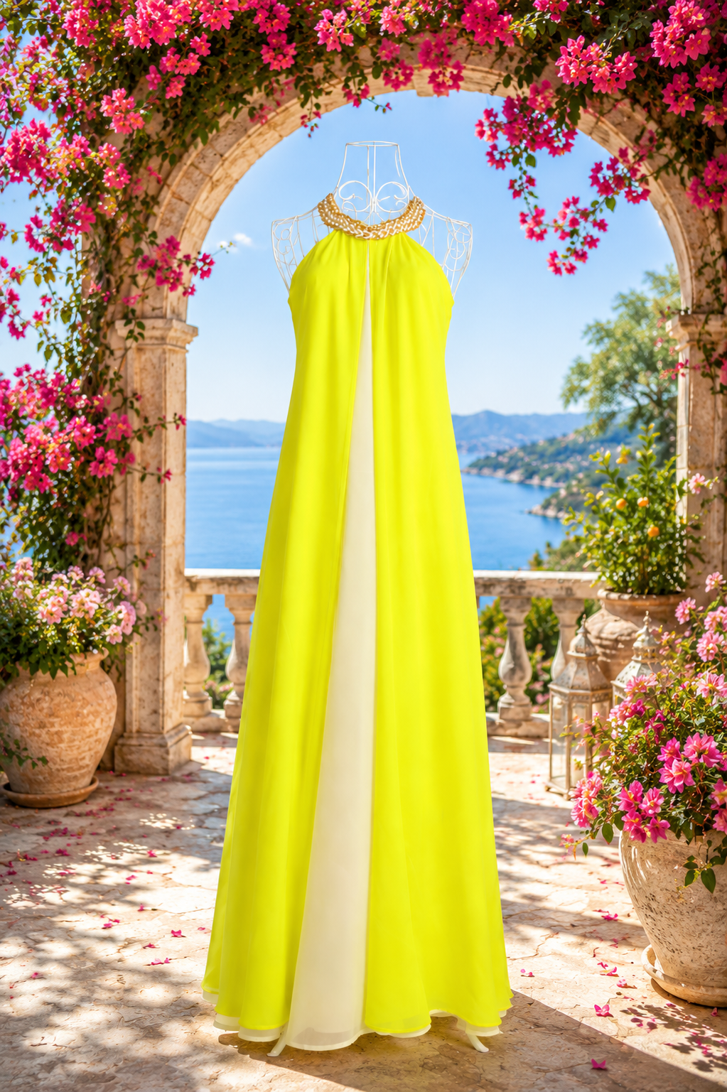 Fließendes Maxikleid in Neon-Gelb mit Kettendetail