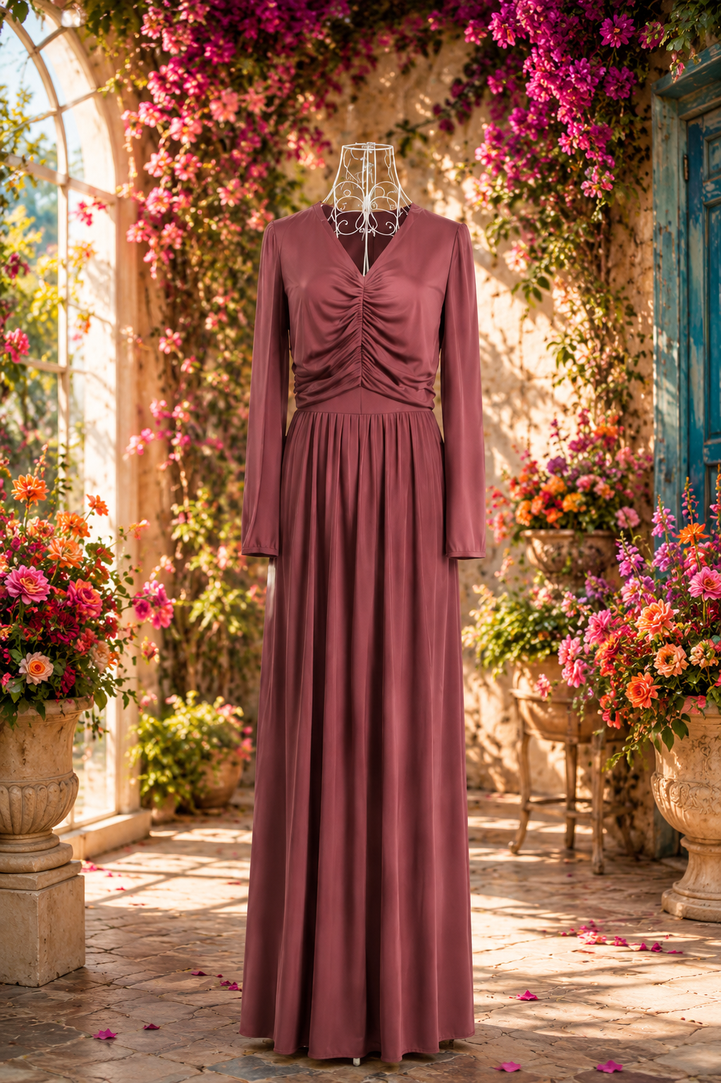 Rosé Maxikleid mit Raffdetail
