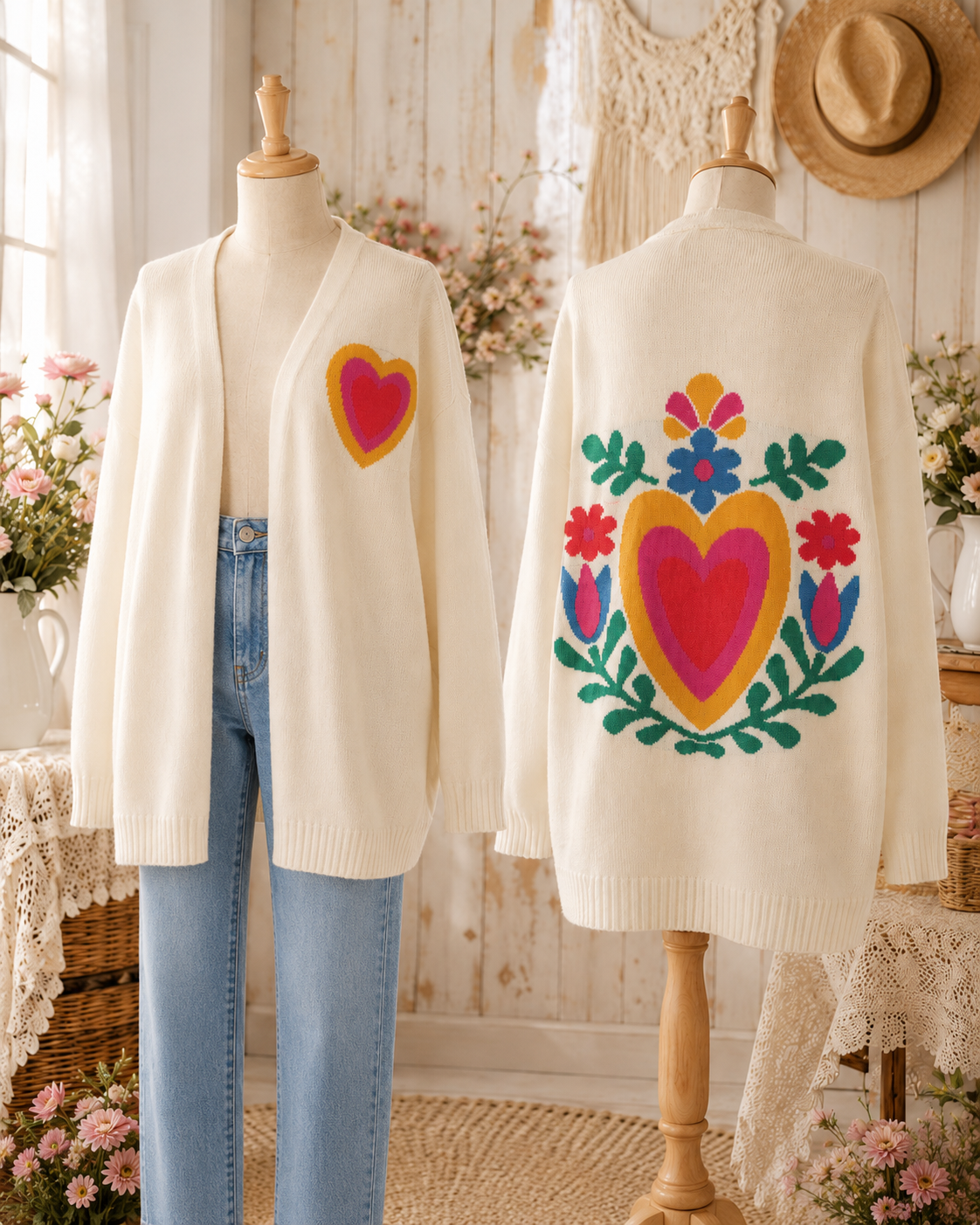 Heart Flower Cardigan in Creme