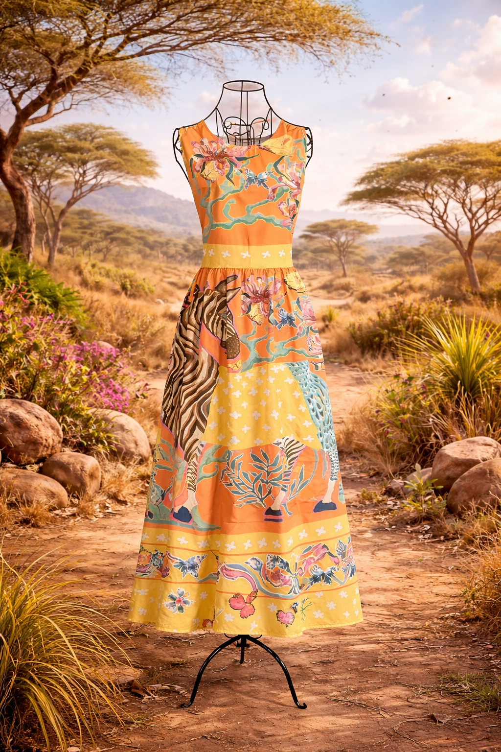 Maxikleid mit Zebra-Print und buntem Muster