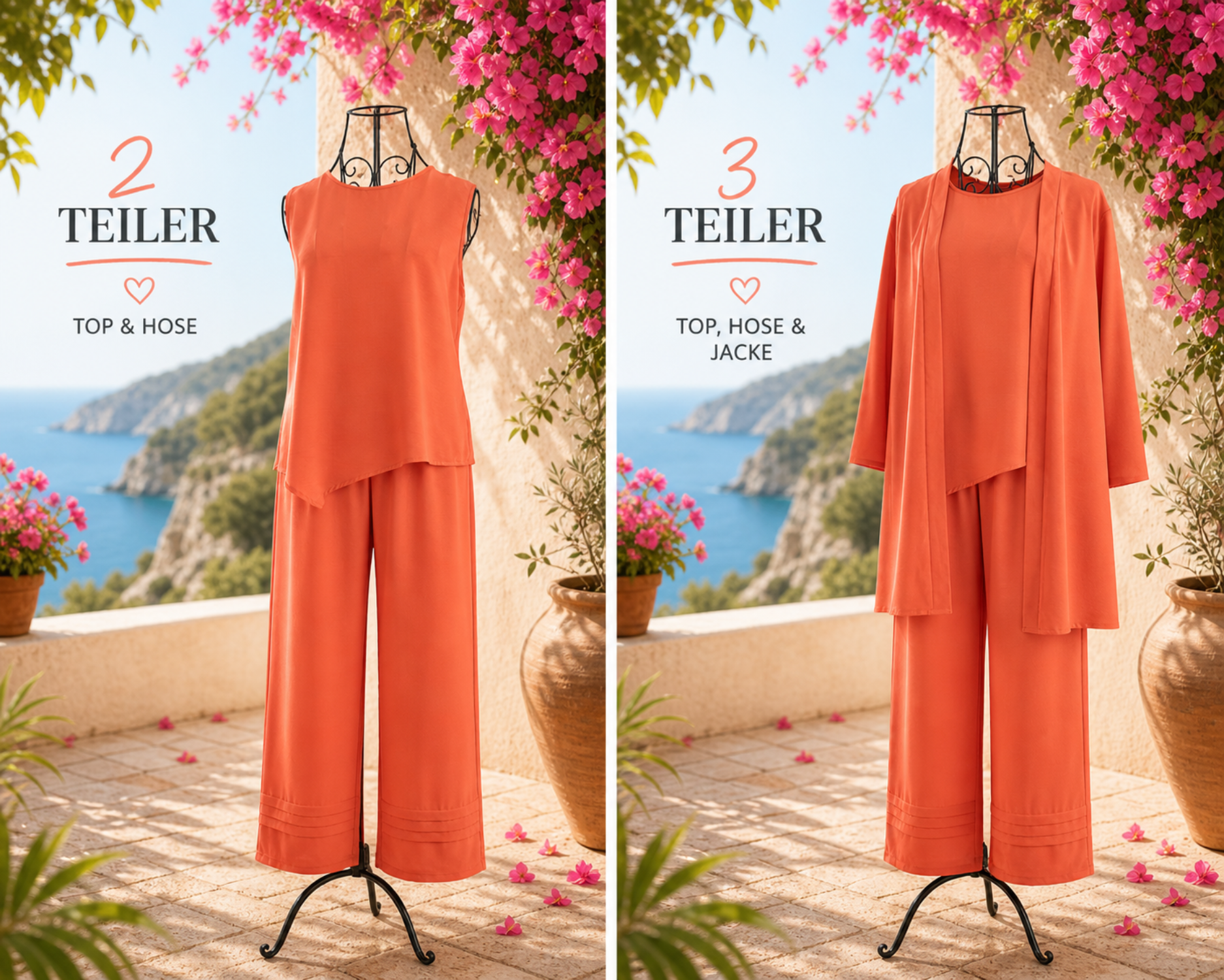 3-Teiler Set „Coral Elegance“ – Top, Hose & Jacke
